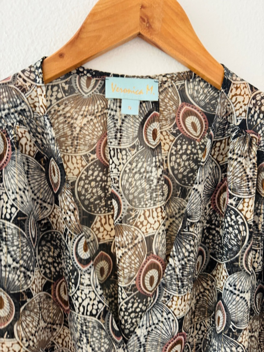 NWT Veronica M Brown Gray Cross Long Sleeve Peacock Print Blouse - Picture 2 of 4